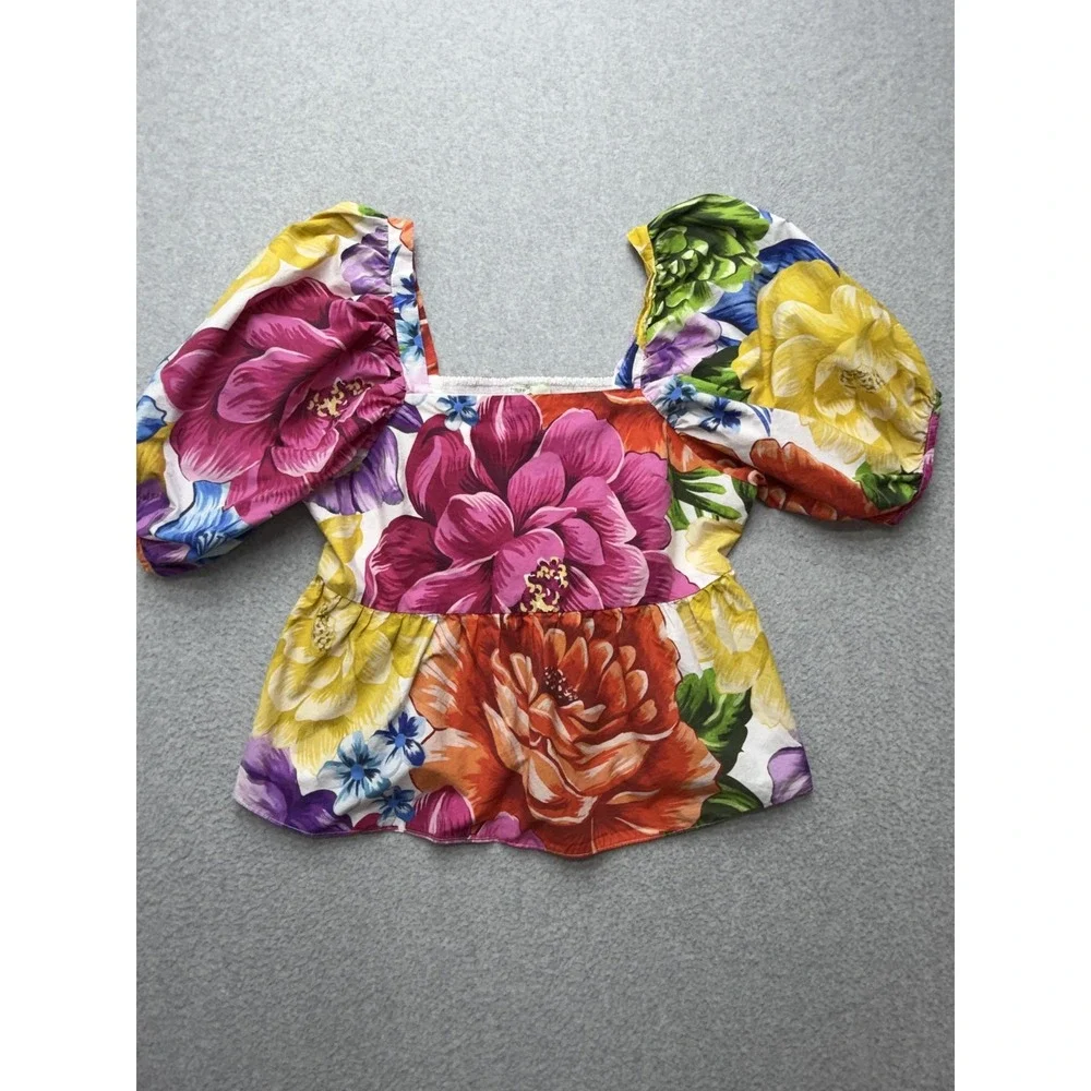 Farm Rio Blouse Womens Large Multicolor Floral Puff Sleeve Square Neck Boho